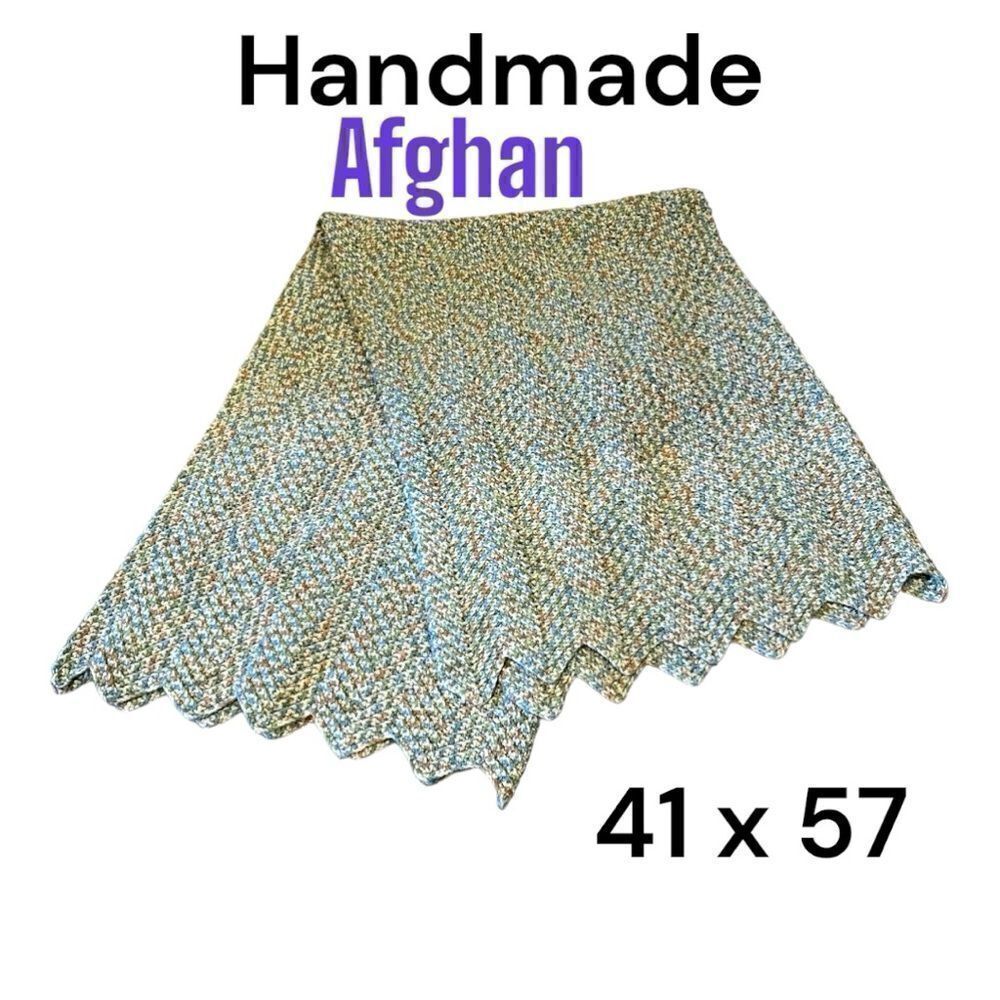 Afghan handmade Throw Blanket earth colors green tan cream  41 x 57 grannycore